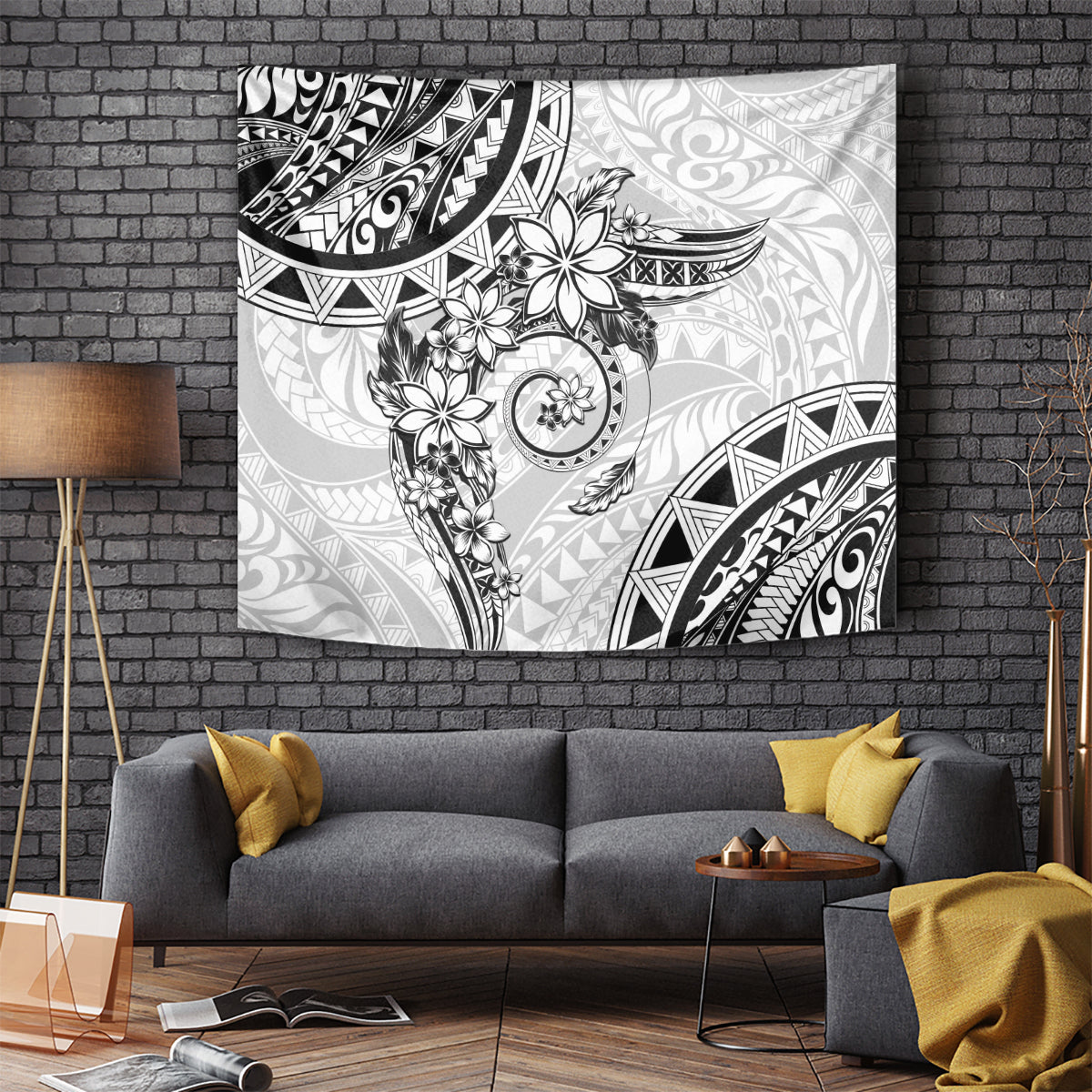 Polynesian Pattern With Plumeria Flowers Tapestry White LT05 - Polynesian Pride