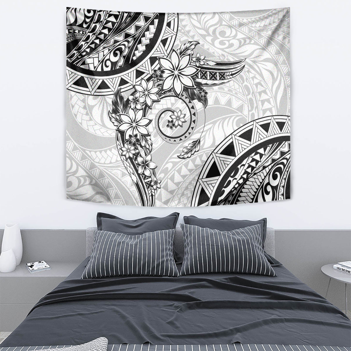 Polynesian Pattern With Plumeria Flowers Tapestry White LT05 - Polynesian Pride