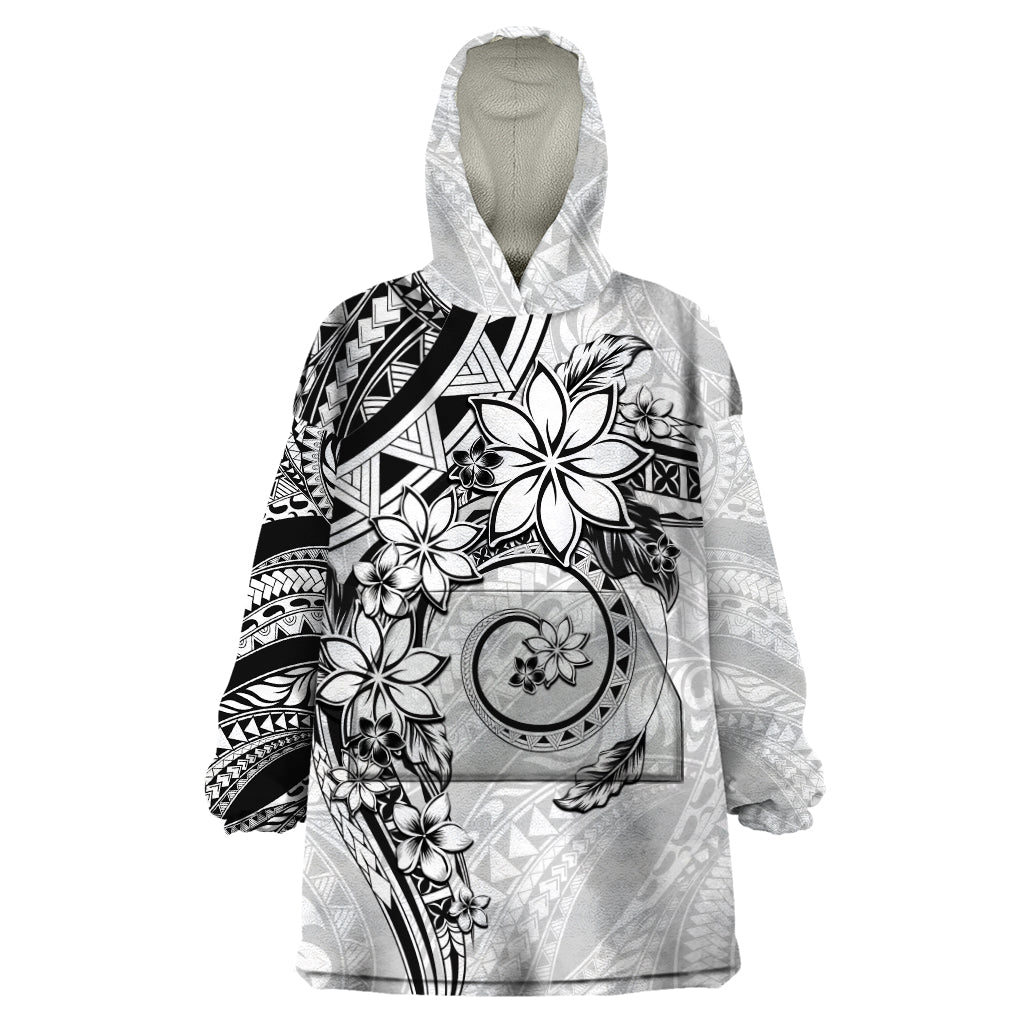 Polynesian Pattern With Plumeria Flowers Wearable Blanket Hoodie White