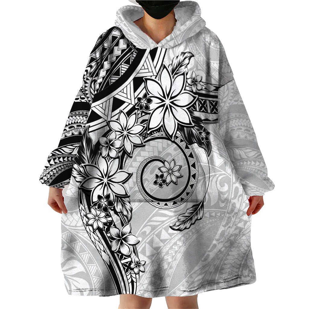 Polynesian Pattern With Plumeria Flowers Wearable Blanket Hoodie White LT05 - Polynesian Pride
