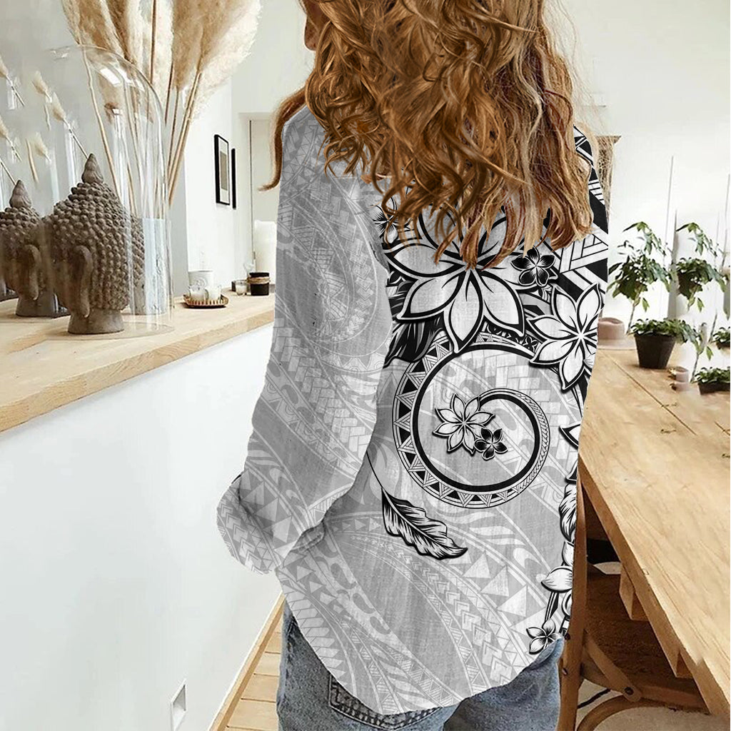 Polynesian Pattern With Plumeria Flowers Women Casual Shirt White