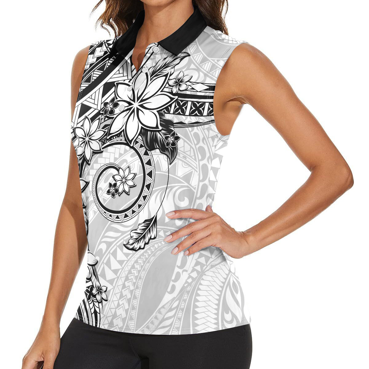 Polynesian Pattern With Plumeria Flowers Women Sleeveless Polo Shirt White