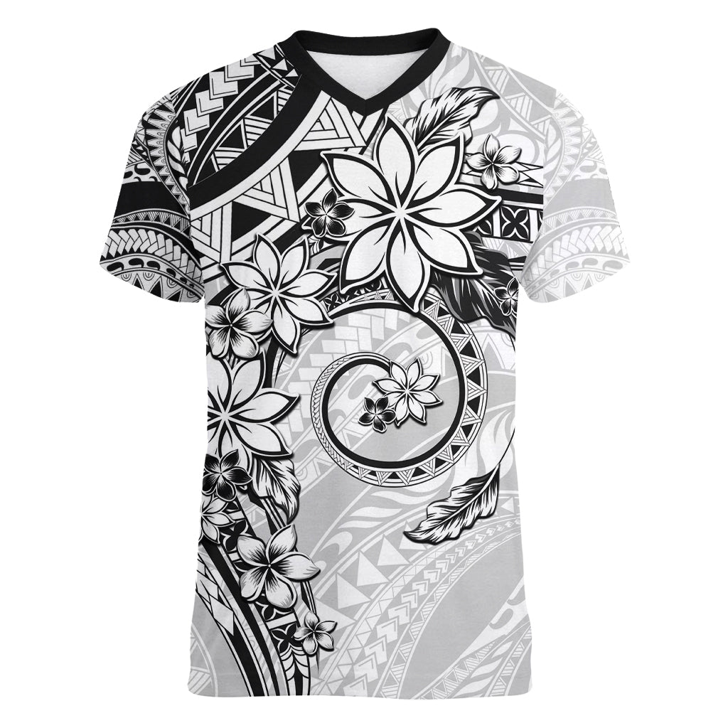 Polynesian Pattern With Plumeria Flowers Women V-Neck T-Shirt White