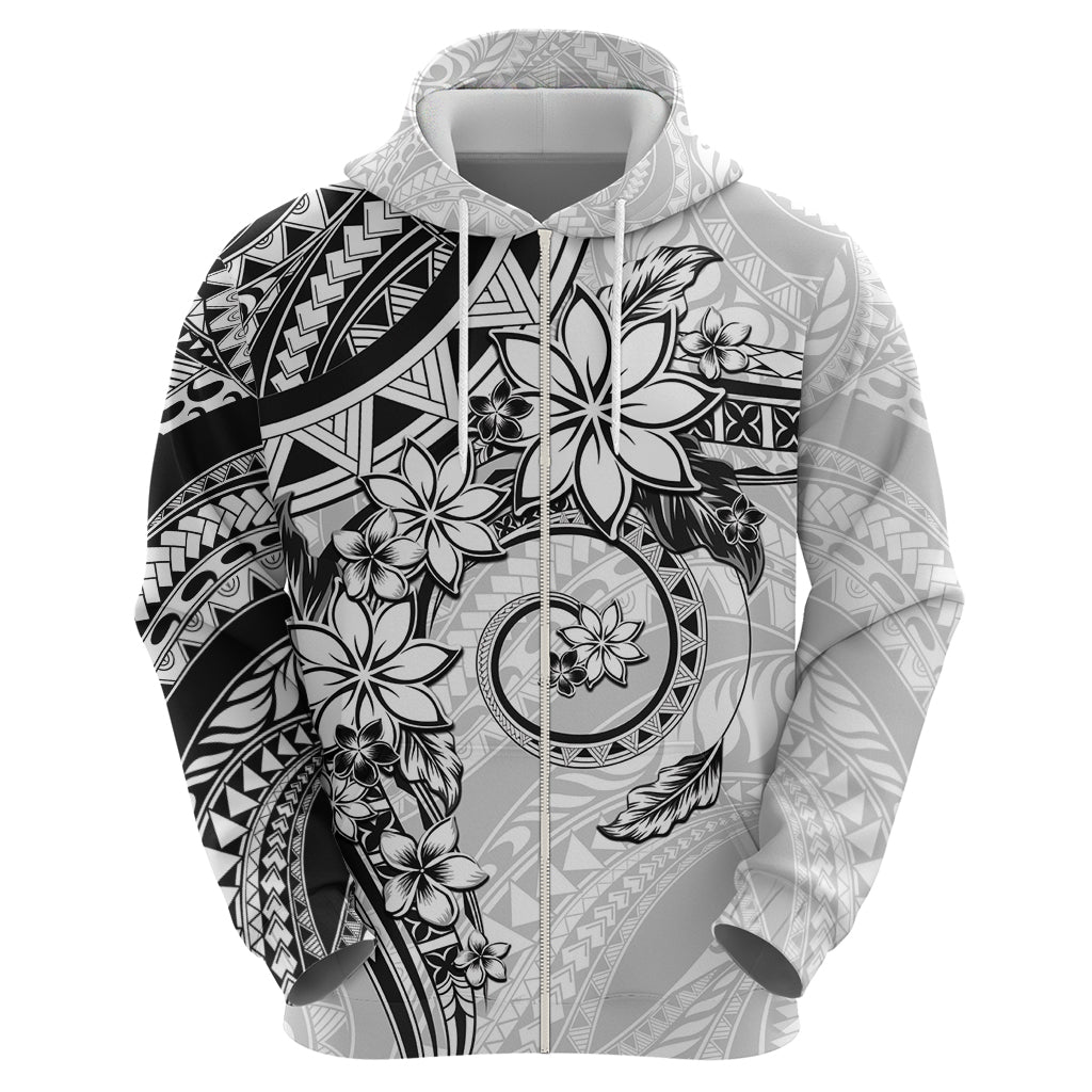 Polynesian Pattern With Plumeria Flowers Zip Hoodie White