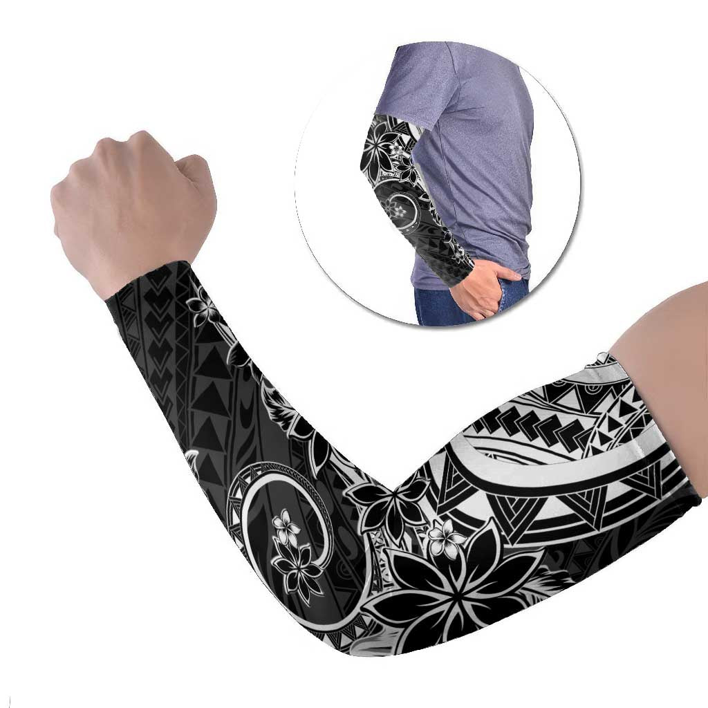 Polynesian Pattern With Plumeria Flowers Arm Sleeves Black - Polynesian Pride