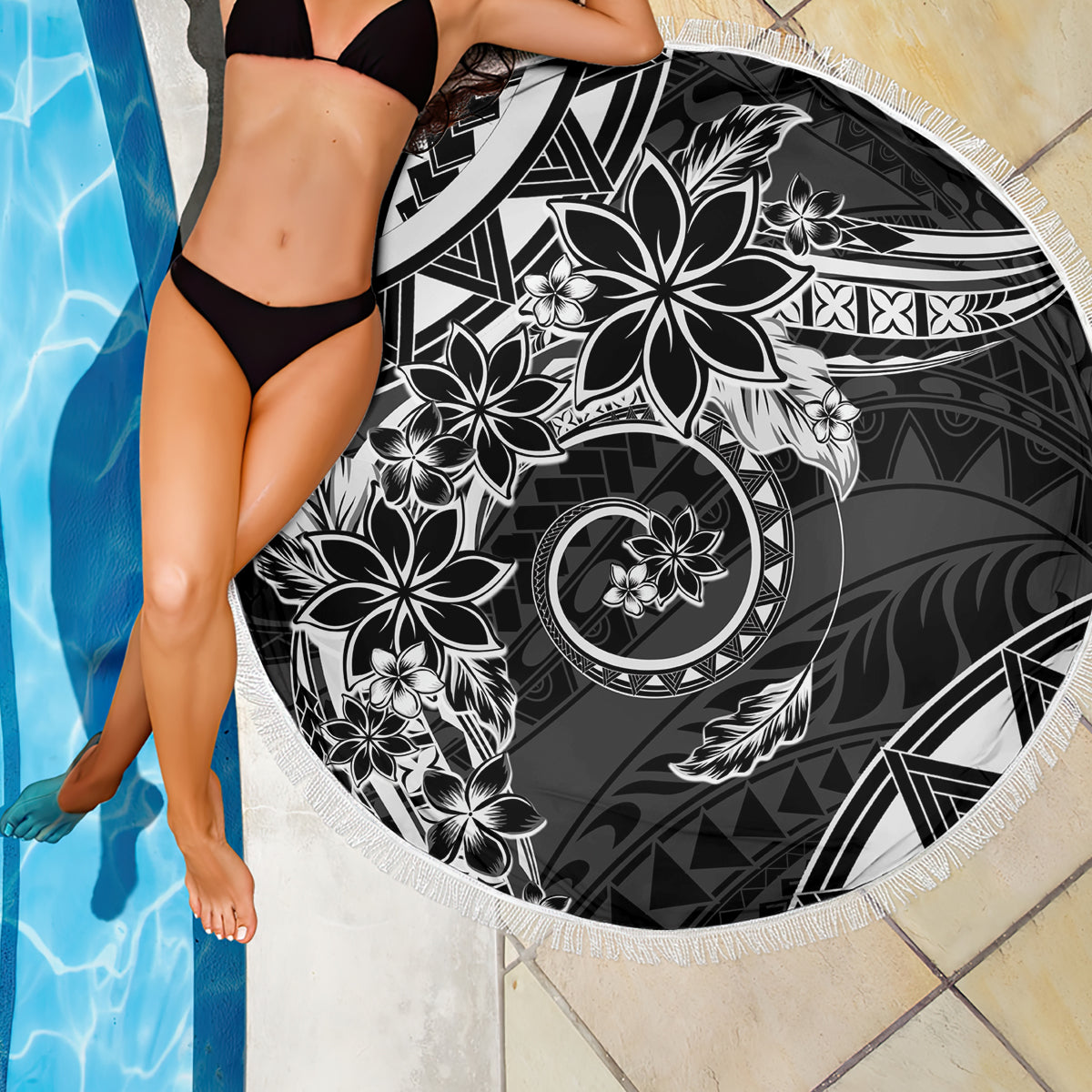 Polynesian Pattern With Plumeria Flowers Beach Blanket Black LT05 - Polynesian Pride