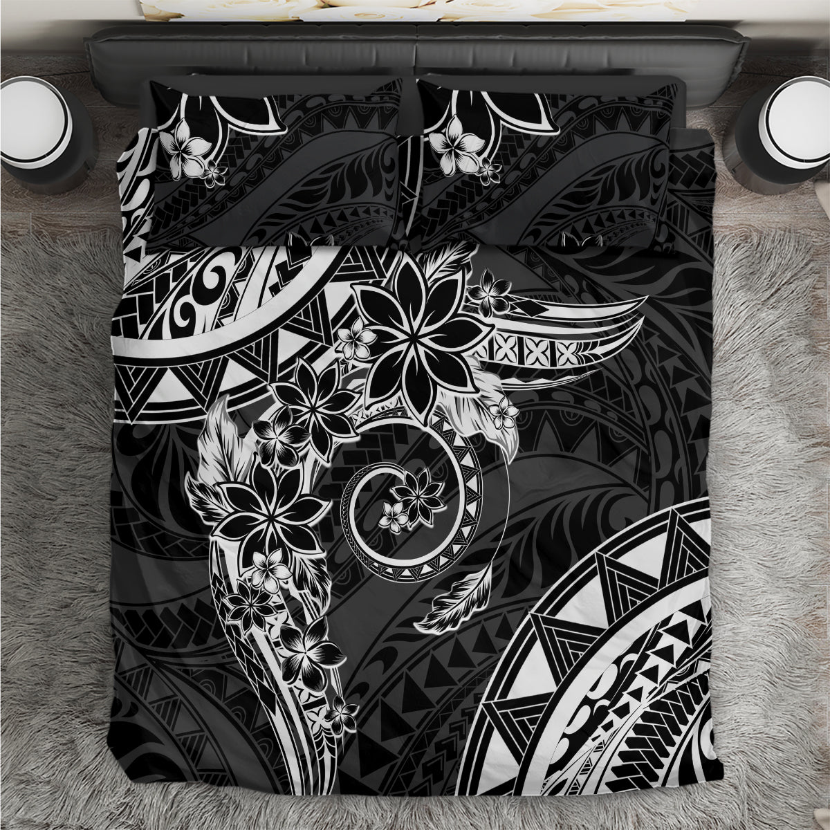 Polynesian Pattern With Plumeria Flowers Bedding Set Black LT05 Black - Polynesian Pride
