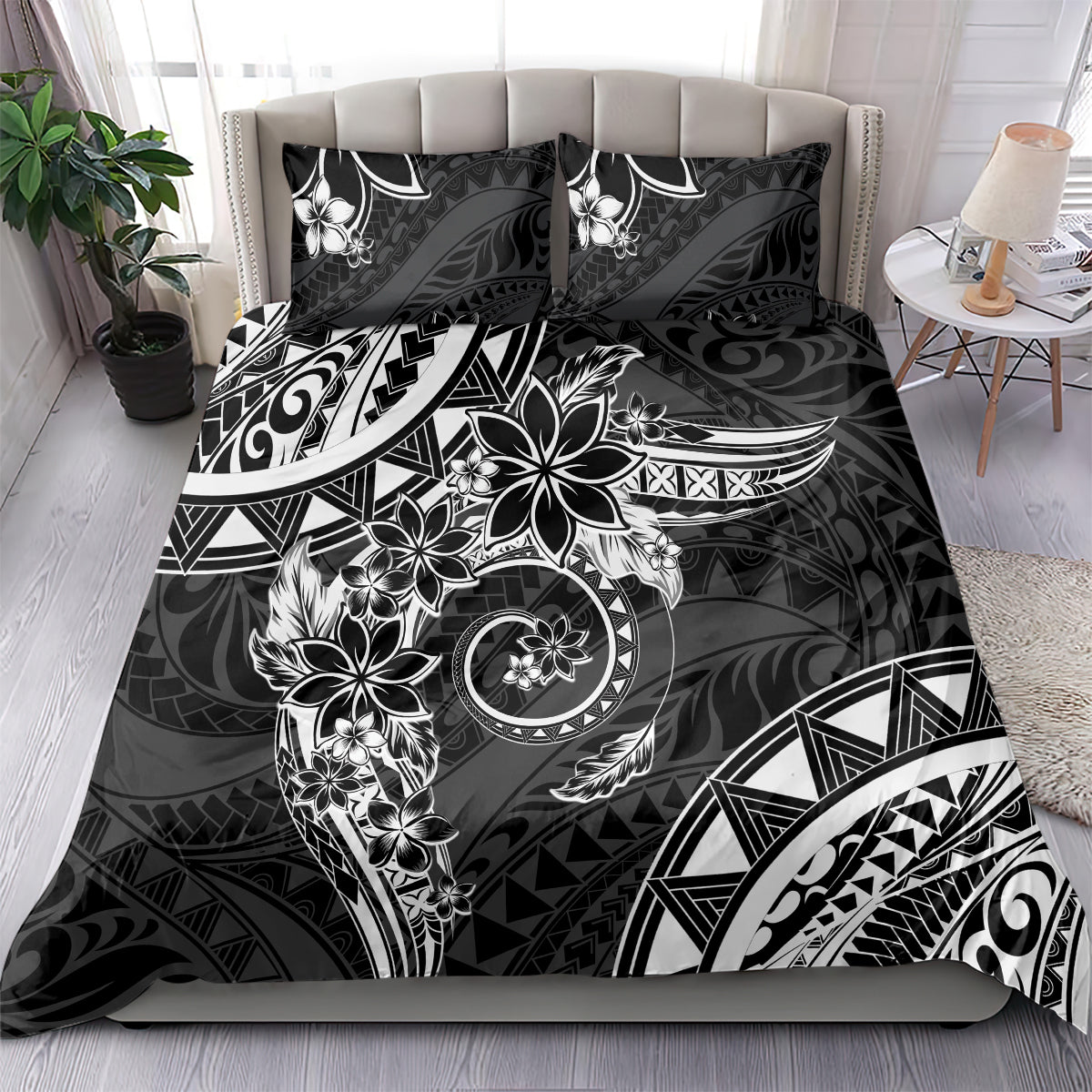 Polynesian Pattern With Plumeria Flowers Bedding Set Black LT05 - Polynesian Pride