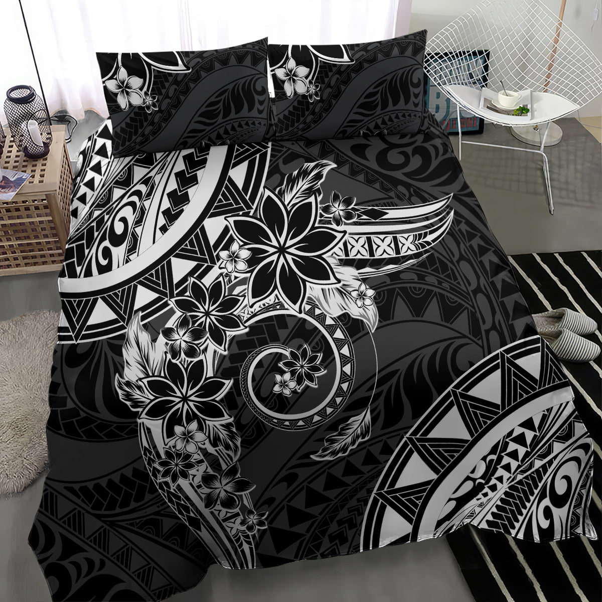 Polynesian Pattern With Plumeria Flowers Bedding Set Black LT05 - Polynesian Pride