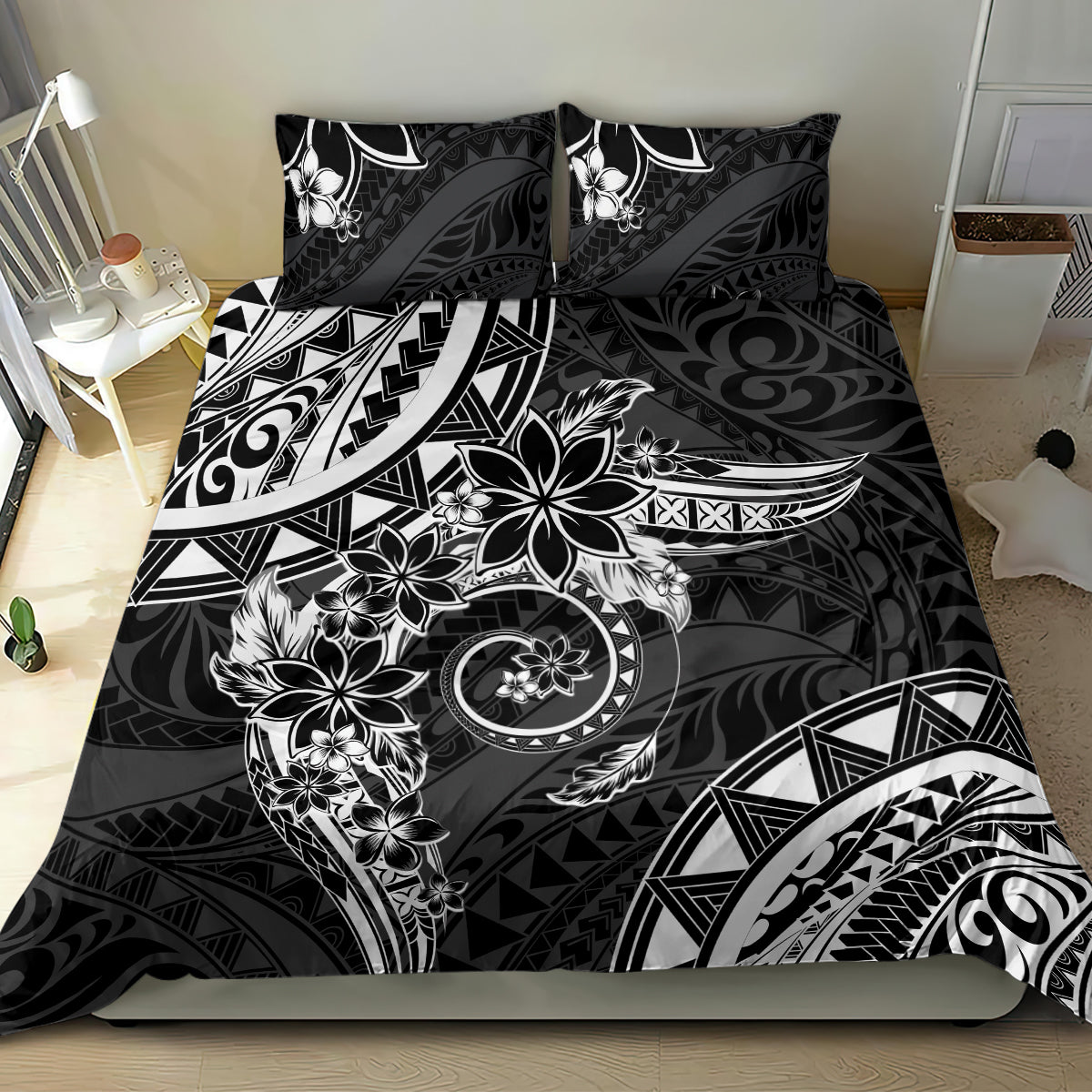 Polynesian Pattern With Plumeria Flowers Bedding Set Black LT05 - Polynesian Pride