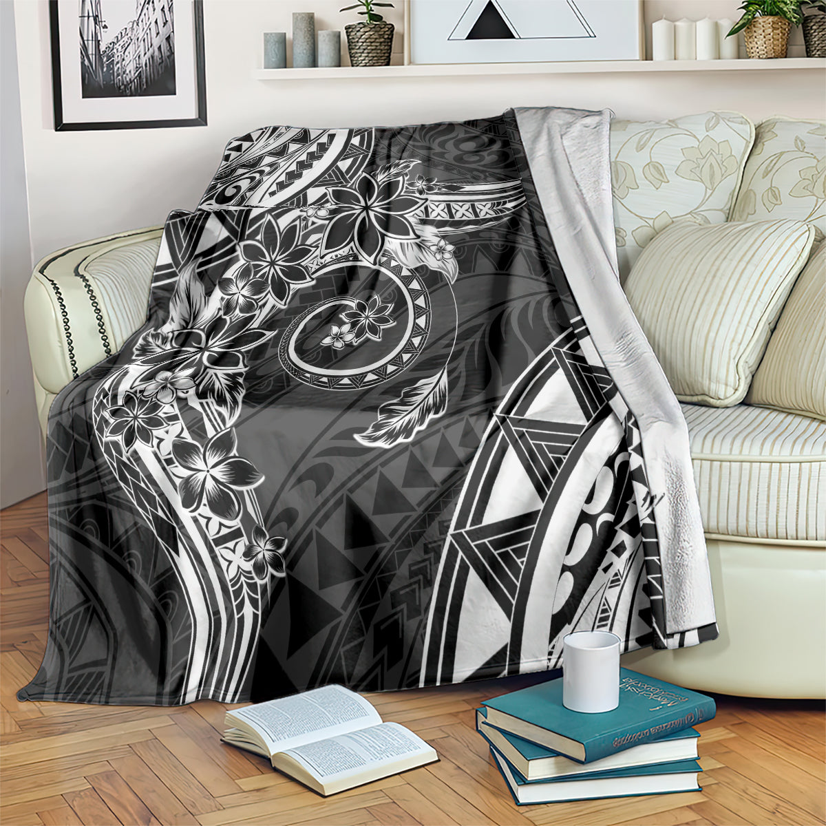 Polynesian Pattern With Plumeria Flowers Blanket Black