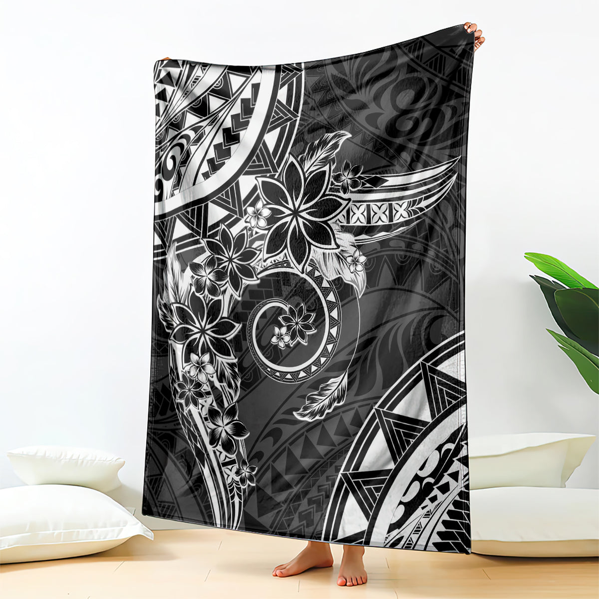 Polynesian Pattern With Plumeria Flowers Blanket Black LT05 - Polynesian Pride