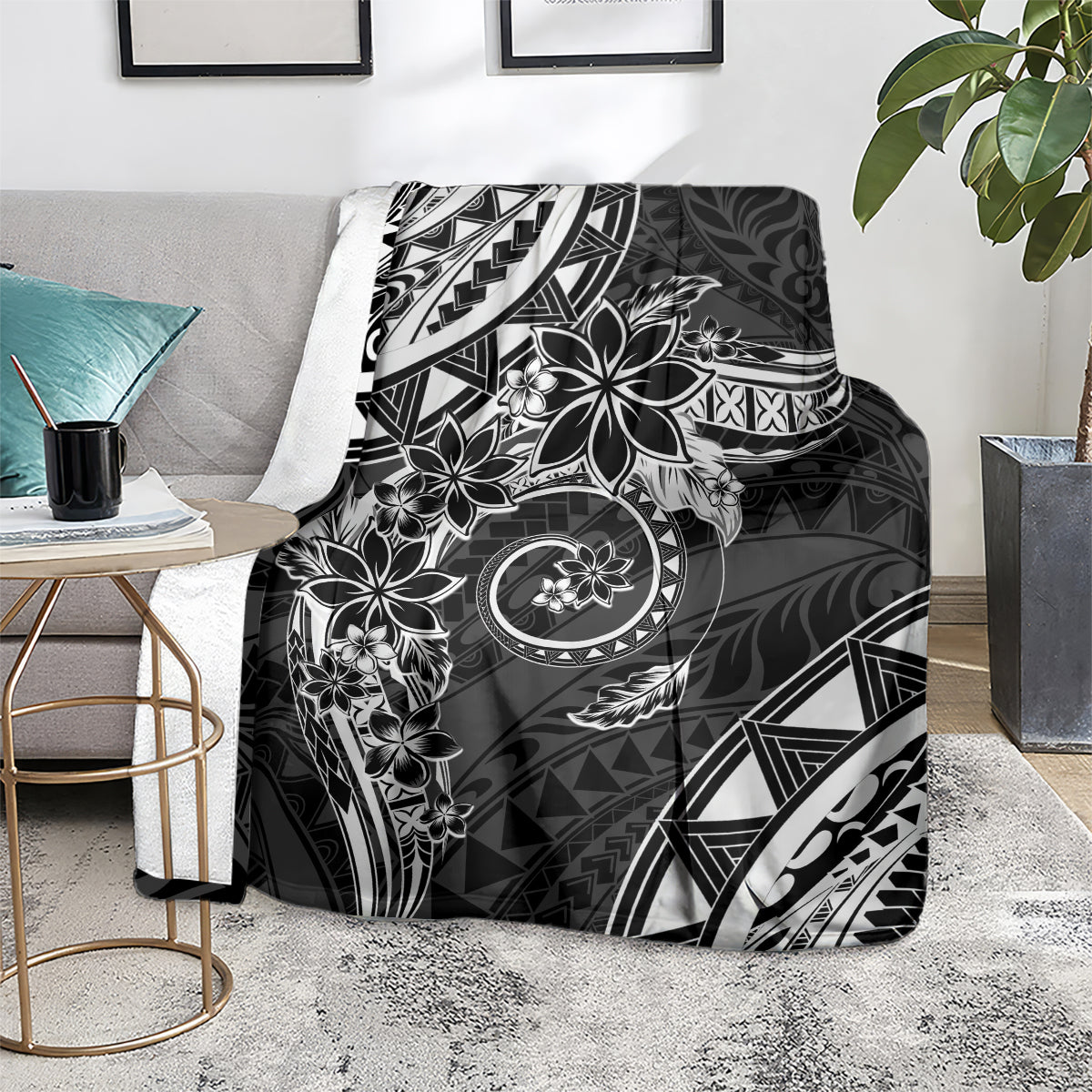 Polynesian Pattern With Plumeria Flowers Blanket Black LT05 - Polynesian Pride