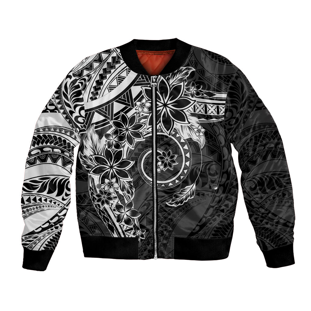 Polynesian Pattern With Plumeria Flowers Bomber Jacket Black LT05 Unisex Black - Polynesian Pride
