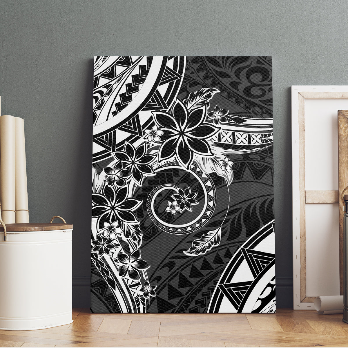 Polynesian Pattern With Plumeria Flowers Canvas Wall Art Black LT05 - Polynesian Pride