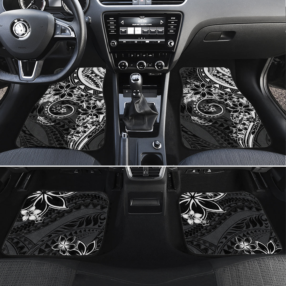 Polynesian Pattern With Plumeria Flowers Car Mats Black LT05 Set 4pcs Black - Polynesian Pride
