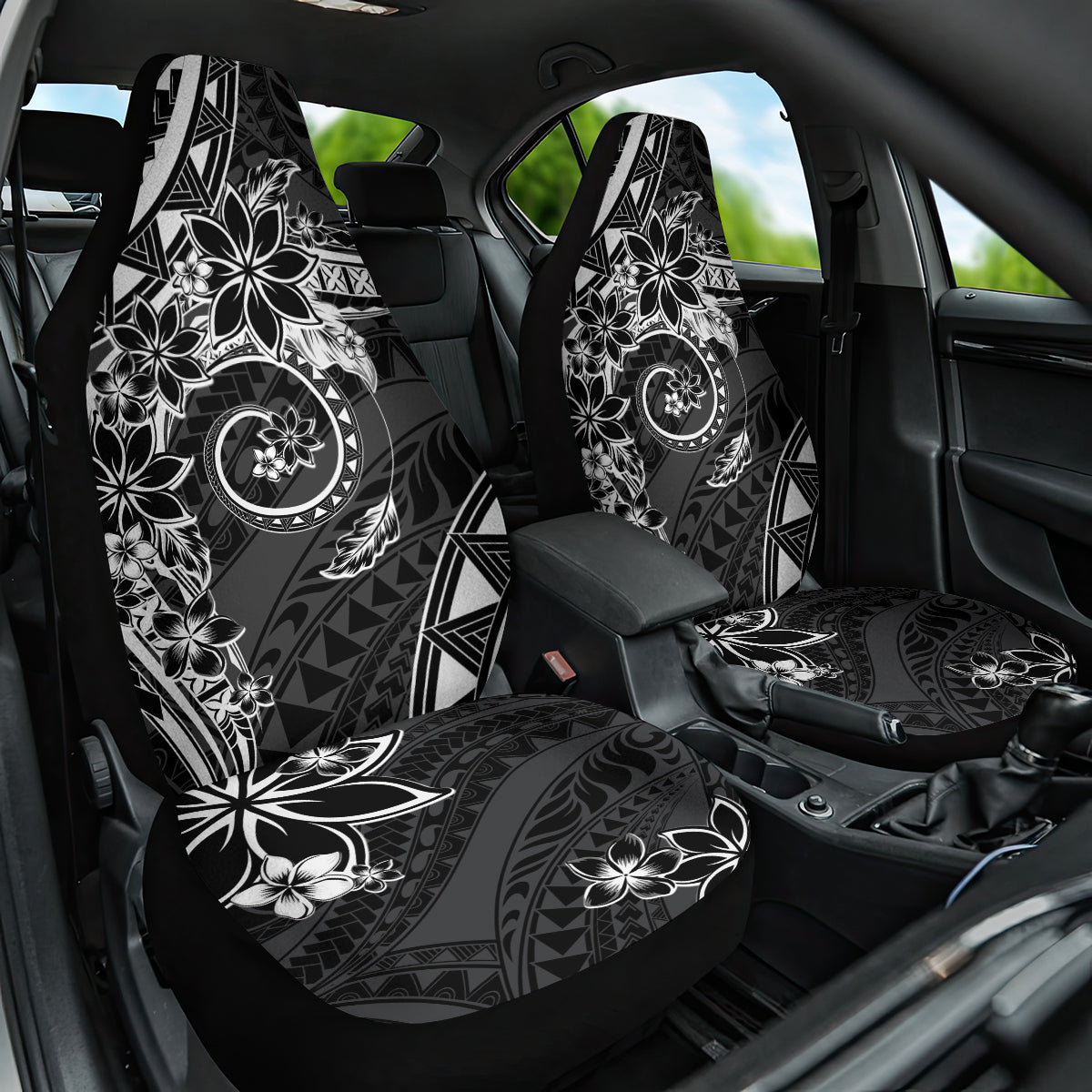 Polynesian Pattern With Plumeria Flowers Car Seat Cover Black