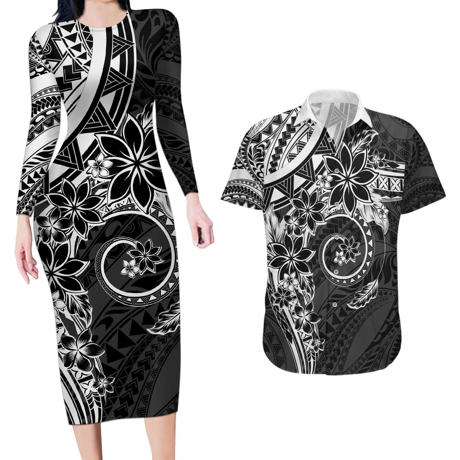 Polynesian Pattern With Plumeria Flowers Couples Matching Long Sleeve Bodycon Dress and Hawaiian Shirt Black