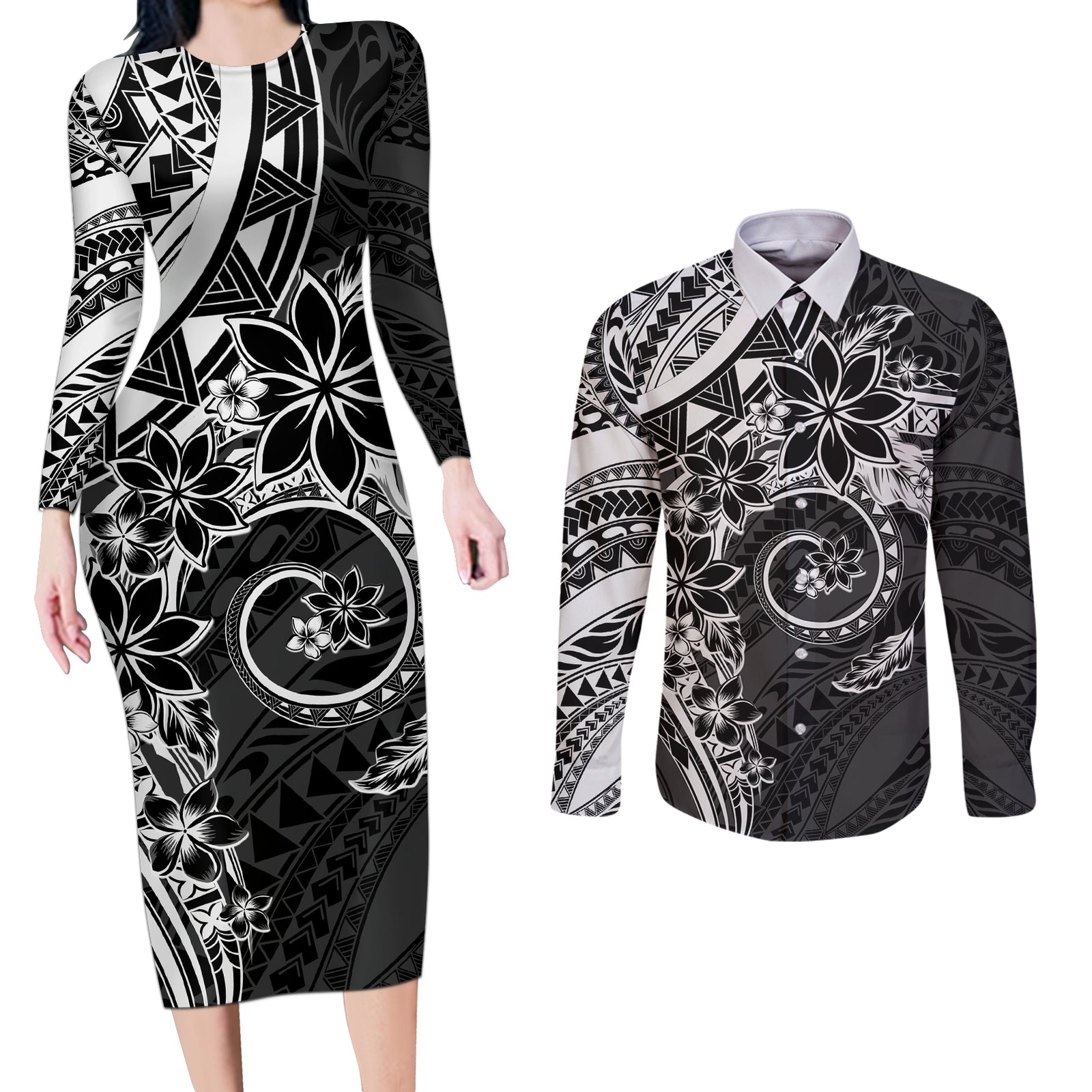 Polynesian Pattern With Plumeria Flowers Couples Matching Long Sleeve Bodycon Dress and Long Sleeve Button Shirt Black LT05 Black - Polynesian Pride