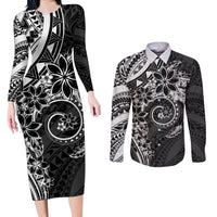 Polynesian Pattern With Plumeria Flowers Couples Matching Long Sleeve Bodycon Dress and Long Sleeve Button Shirt Black LT05 Black - Polynesian Pride