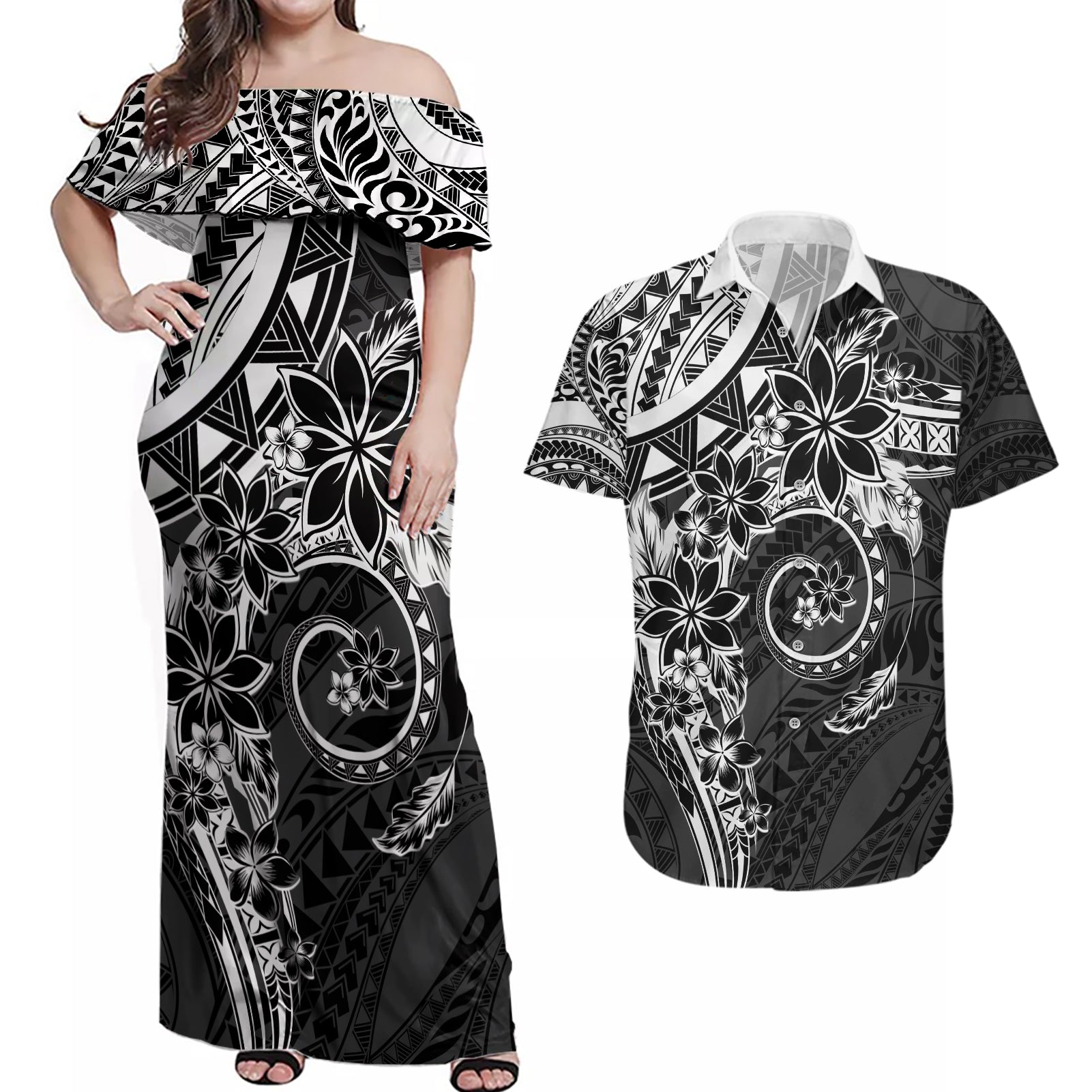 Polynesian Pattern With Plumeria Flowers Couples Matching Off Shoulder Maxi Dress and Hawaiian Shirt Black