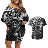 Polynesian Pattern With Plumeria Flowers Couples Matching Off Shoulder Short Dress and Hawaiian Shirt Black LT05 Black - Polynesian Pride