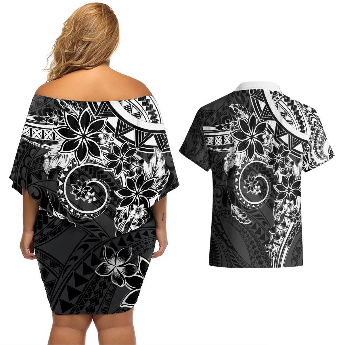 Polynesian Pattern With Plumeria Flowers Couples Matching Off Shoulder Short Dress and Hawaiian Shirt Black LT05 - Polynesian Pride