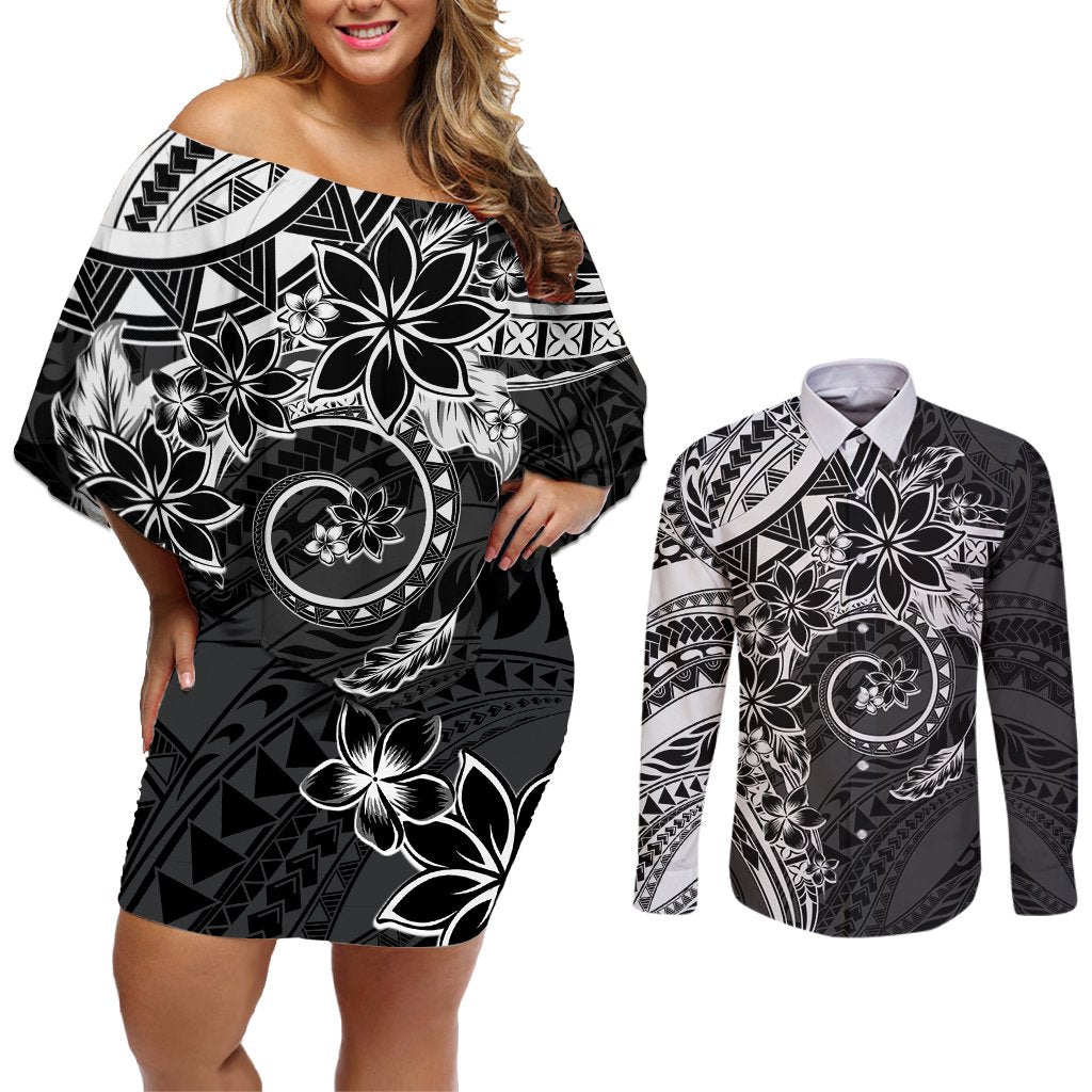 Polynesian Pattern With Plumeria Flowers Couples Matching Off Shoulder Short Dress and Long Sleeve Button Shirt Black LT05 Black - Polynesian Pride