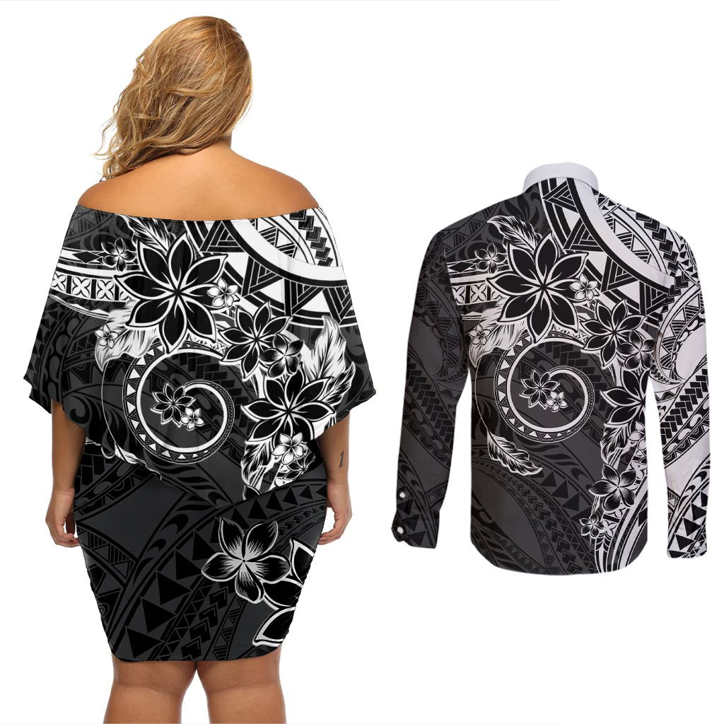 Polynesian Pattern With Plumeria Flowers Couples Matching Off Shoulder Short Dress and Long Sleeve Button Shirt Black LT05 - Polynesian Pride