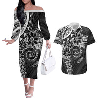 Polynesian Pattern With Plumeria Flowers Couples Matching Off The Shoulder Long Sleeve Dress and Hawaiian Shirt Black LT05 Black - Polynesian Pride