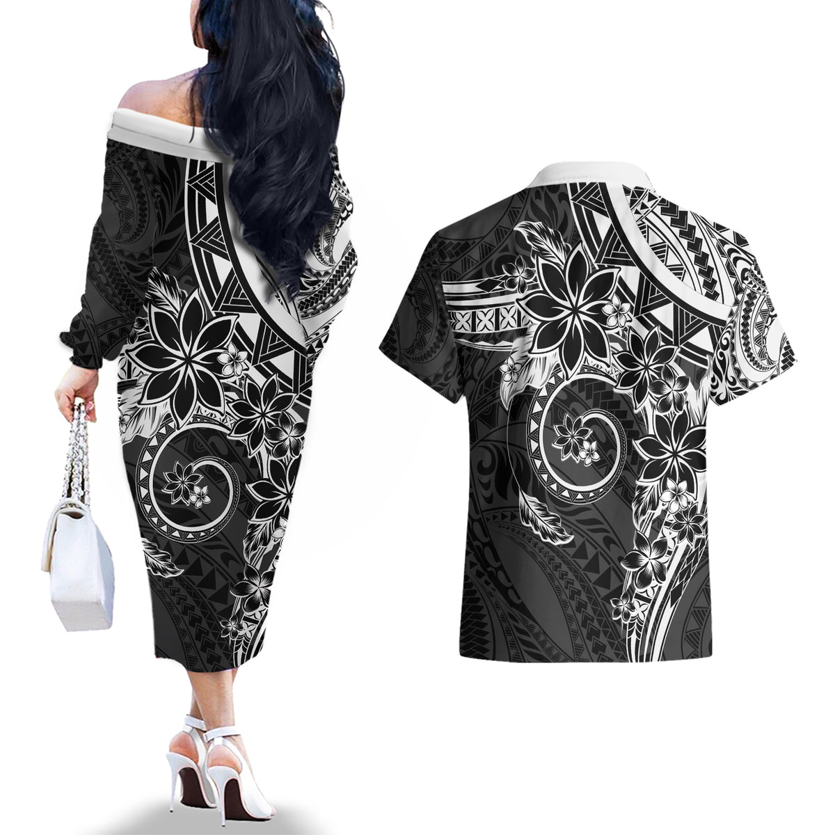 Polynesian Pattern With Plumeria Flowers Couples Matching Off The Shoulder Long Sleeve Dress and Hawaiian Shirt Black LT05 - Polynesian Pride