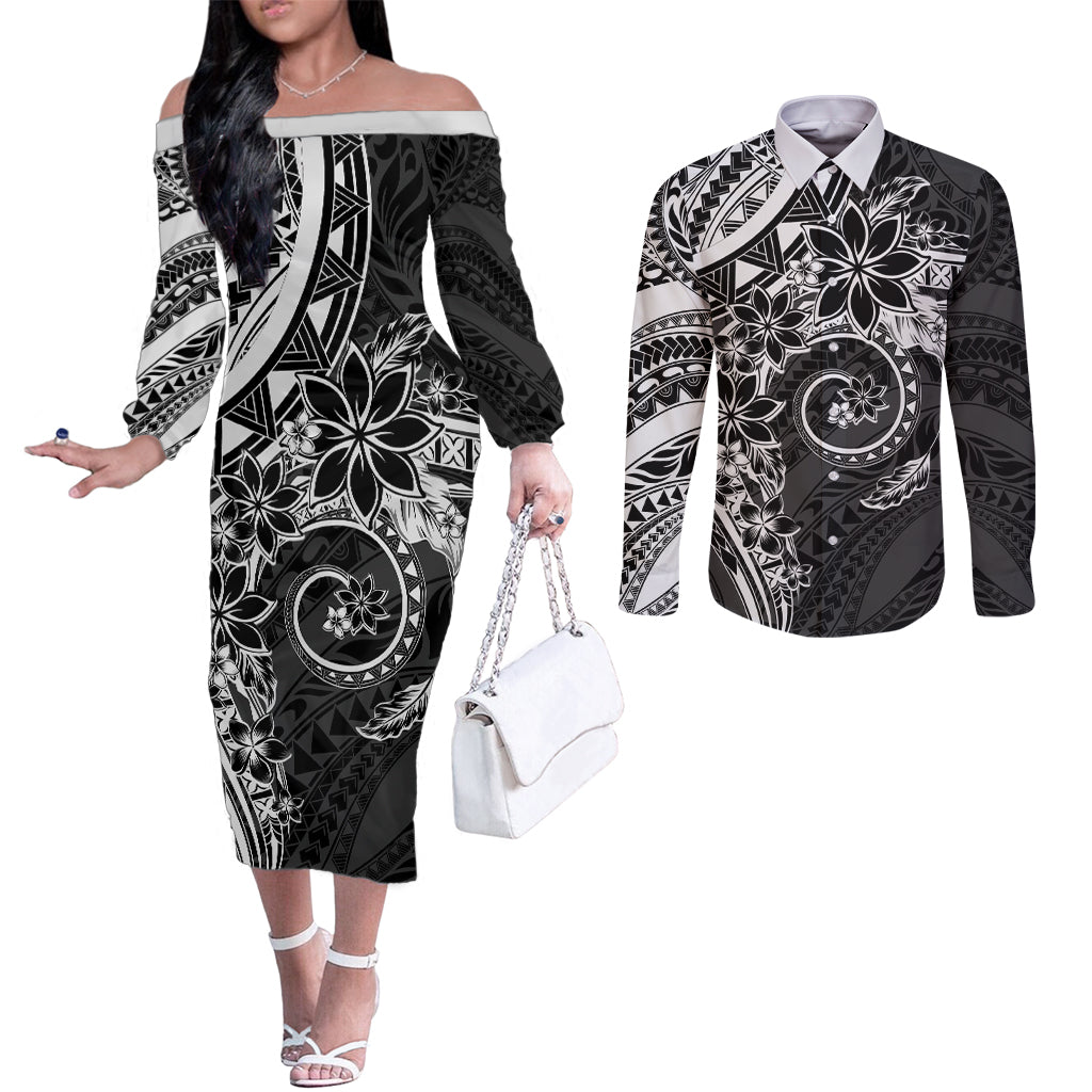 Polynesian Pattern With Plumeria Flowers Couples Matching Off The Shoulder Long Sleeve Dress and Long Sleeve Button Shirt Black LT05 Black - Polynesian Pride