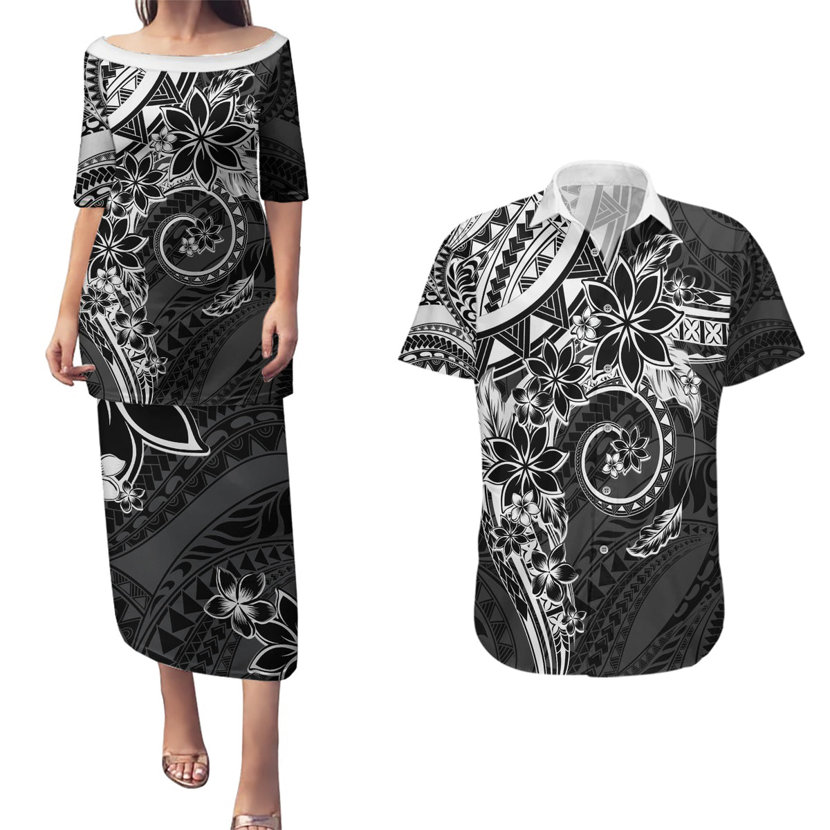 Polynesian Pattern With Plumeria Flowers Couples Matching Puletasi and Hawaiian Shirt Black LT05 Black - Polynesian Pride