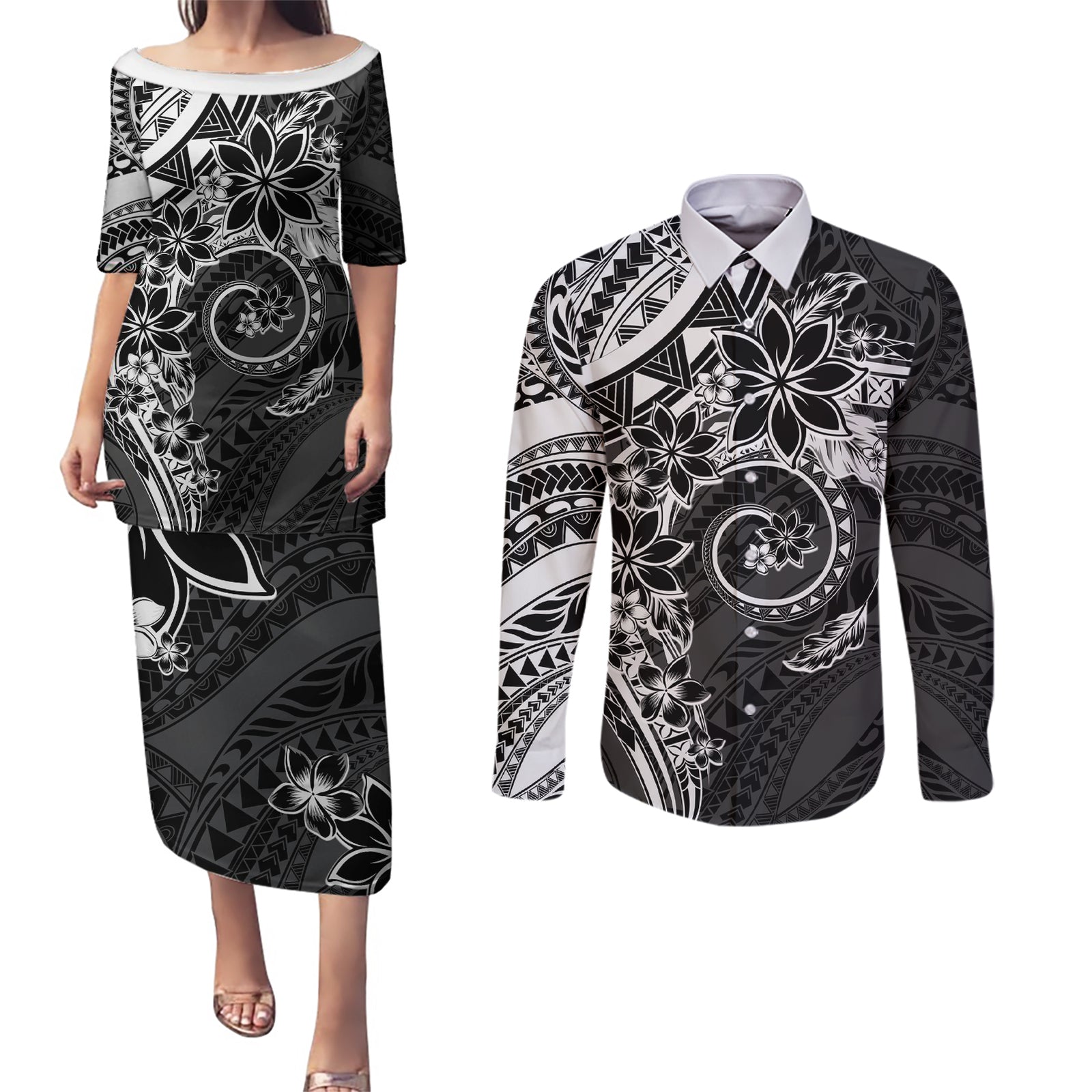 Polynesian Pattern With Plumeria Flowers Couples Matching Puletasi and Long Sleeve Button Shirt Black LT05 Black - Polynesian Pride