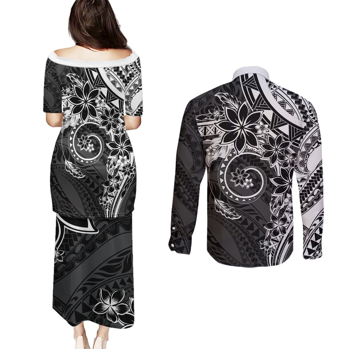 Polynesian Pattern With Plumeria Flowers Couples Matching Puletasi and Long Sleeve Button Shirt Black LT05 - Polynesian Pride