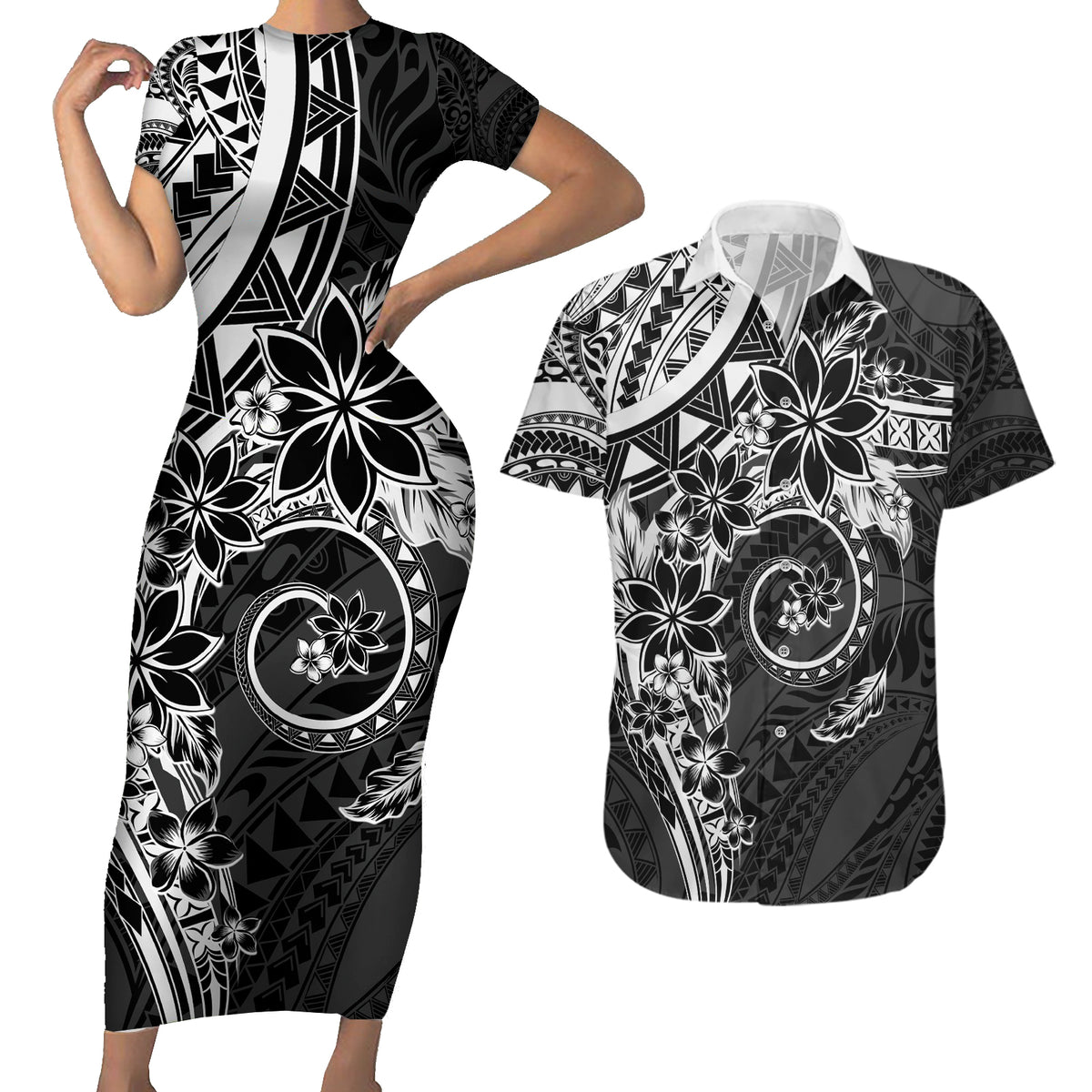 Polynesian Pattern With Plumeria Flowers Couples Matching Short Sleeve Bodycon Dress and Hawaiian Shirt Black LT05 Black - Polynesian Pride