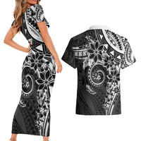 Polynesian Pattern With Plumeria Flowers Couples Matching Short Sleeve Bodycon Dress and Hawaiian Shirt Black LT05 - Polynesian Pride