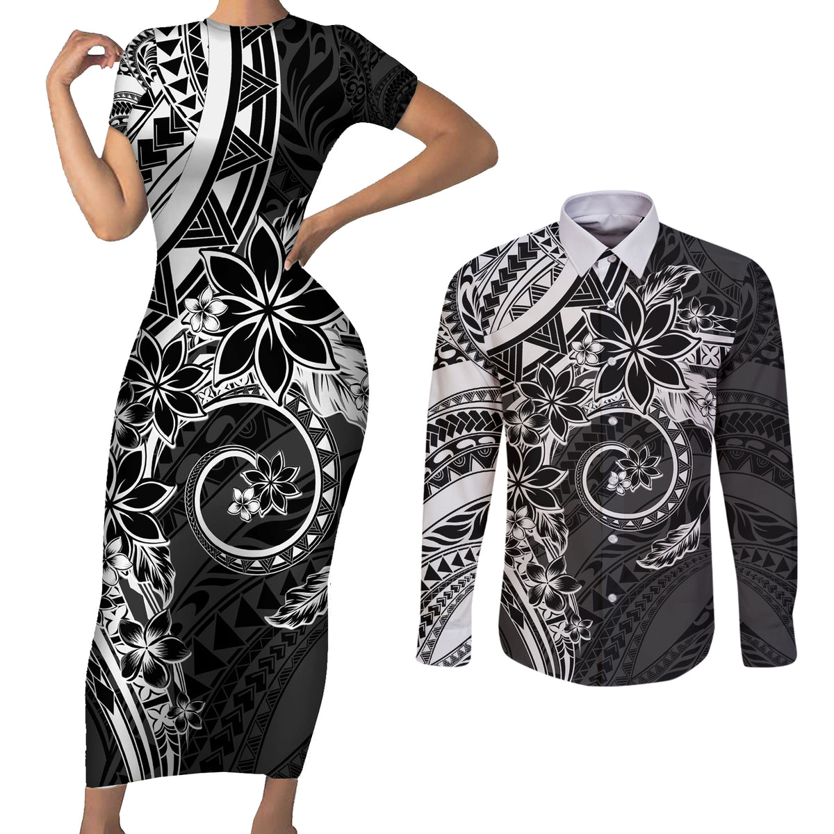 Polynesian Pattern With Plumeria Flowers Couples Matching Short Sleeve Bodycon Dress and Long Sleeve Button Shirt Black LT05 Black - Polynesian Pride