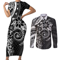 Polynesian Pattern With Plumeria Flowers Couples Matching Short Sleeve Bodycon Dress and Long Sleeve Button Shirt Black LT05 Black - Polynesian Pride