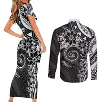 Polynesian Pattern With Plumeria Flowers Couples Matching Short Sleeve Bodycon Dress and Long Sleeve Button Shirt Black LT05 - Polynesian Pride