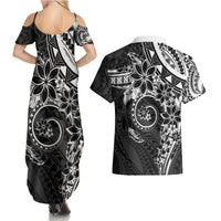 Polynesian Pattern With Plumeria Flowers Couples Matching Summer Maxi Dress and Hawaiian Shirt Black LT05 - Polynesian Pride