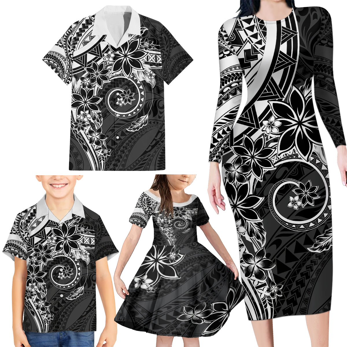 Polynesian Pattern With Plumeria Flowers Family Matching Long Sleeve Bodycon Dress and Hawaiian Shirt Black