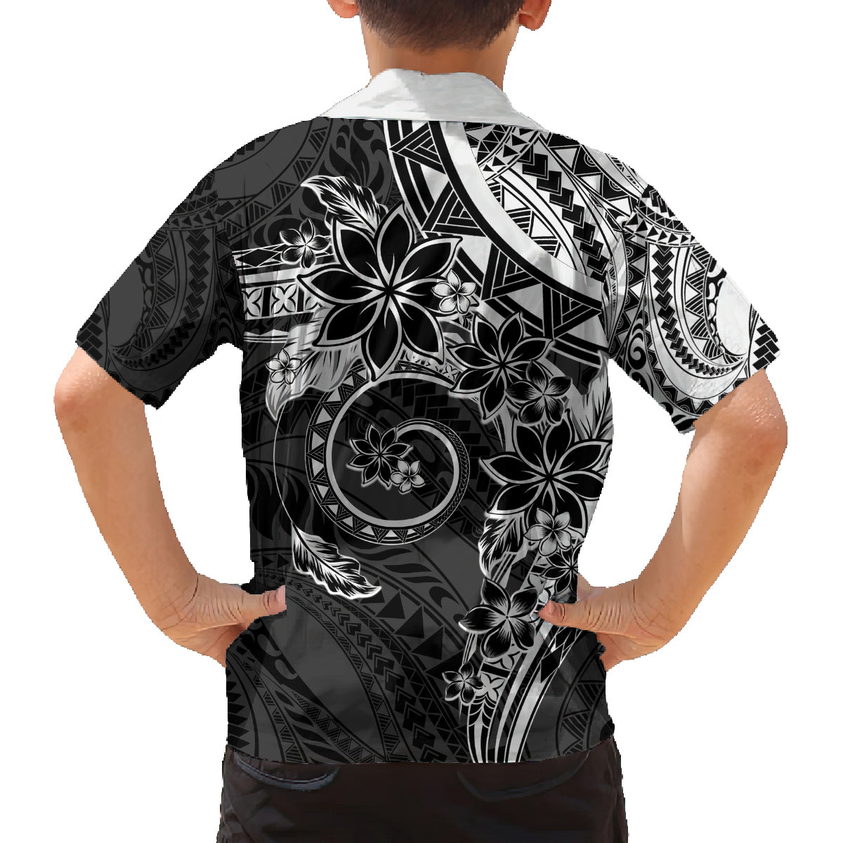 Polynesian Pattern With Plumeria Flowers Family Matching Off The Shoulder Long Sleeve Dress and Hawaiian Shirt Black