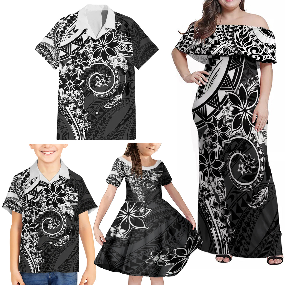 Polynesian Pattern With Plumeria Flowers Family Matching Off Shoulder Maxi Dress and Hawaiian Shirt Black