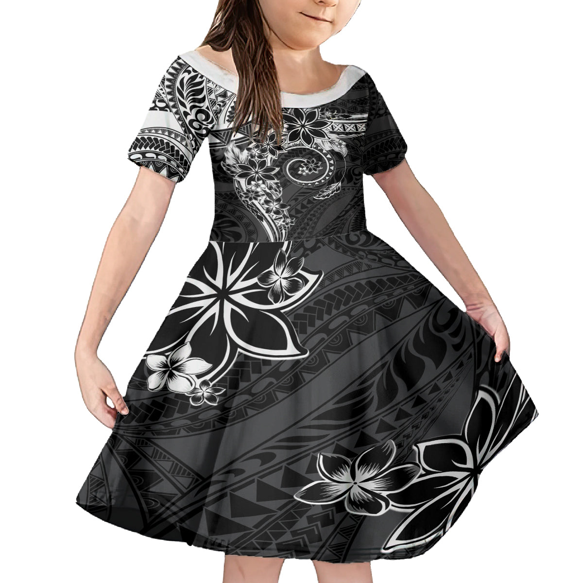 Polynesian Pattern With Plumeria Flowers Family Matching Puletasi and Hawaiian Shirt Black LT05 Daughter's Dress Black - Polynesian Pride