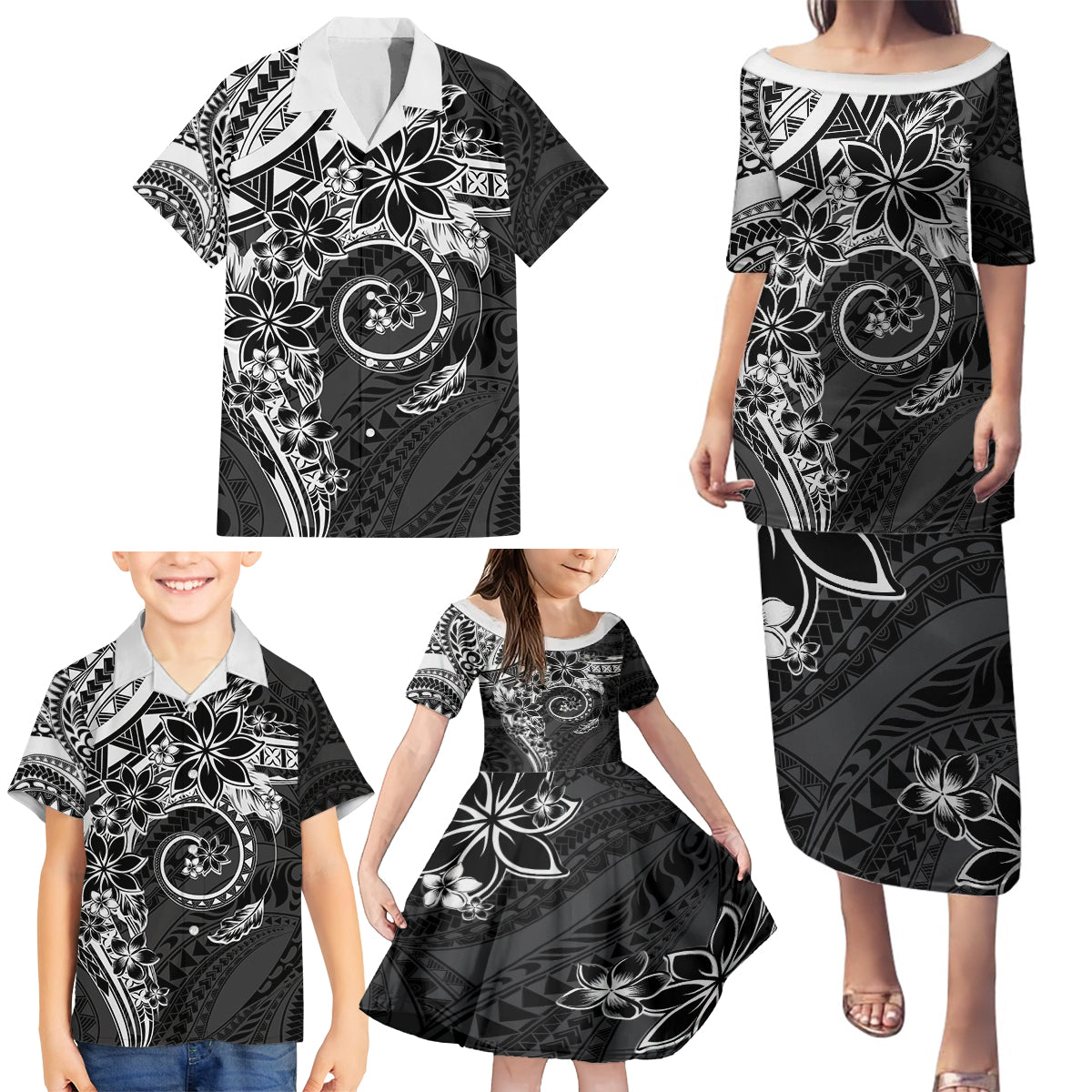 Polynesian Pattern With Plumeria Flowers Family Matching Puletasi and Hawaiian Shirt Black