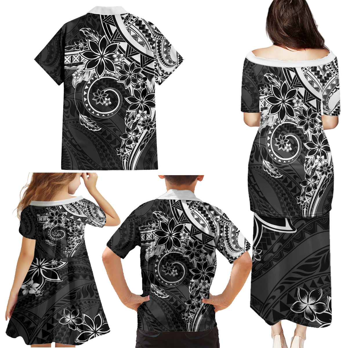 Polynesian Pattern With Plumeria Flowers Family Matching Puletasi and Hawaiian Shirt Black LT05 - Polynesian Pride