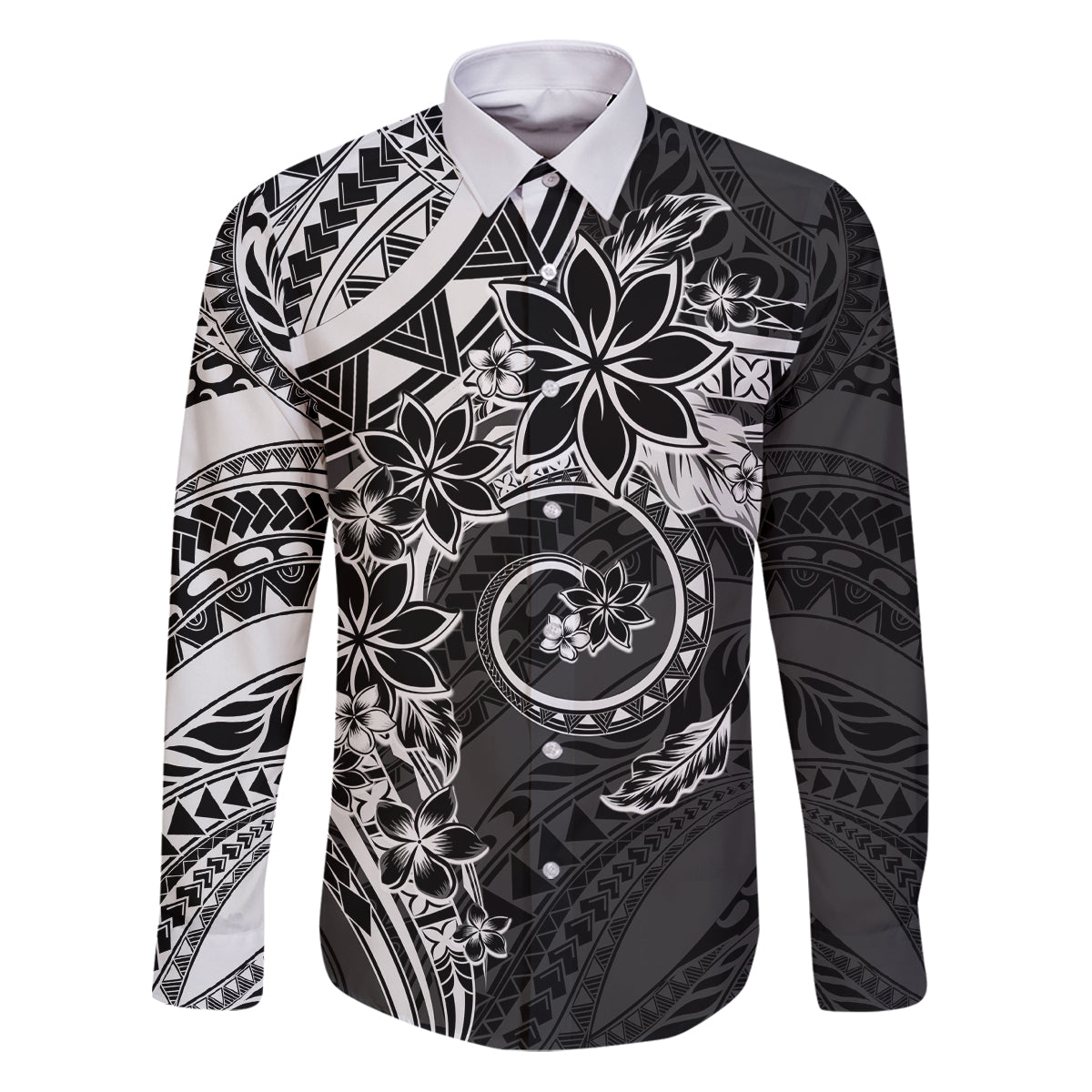 Polynesian Pattern With Plumeria Flowers Family Matching Puletasi and Hawaiian Shirt Black LT05 Dad's Shirt - Long Sleeve Black - Polynesian Pride