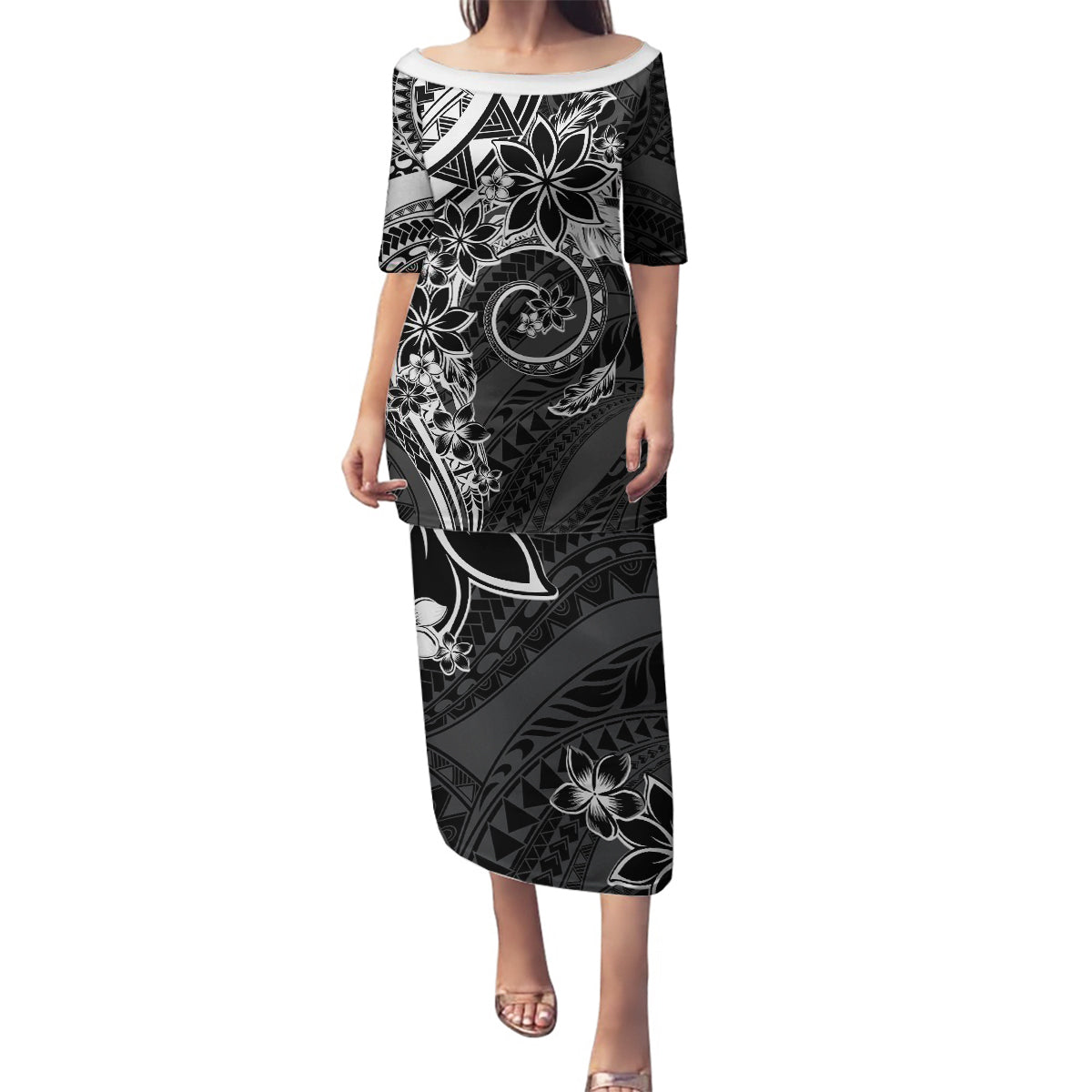 Polynesian Pattern With Plumeria Flowers Family Matching Puletasi and Hawaiian Shirt Black LT05 Mom's Dress Black - Polynesian Pride