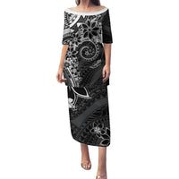 Polynesian Pattern With Plumeria Flowers Family Matching Puletasi and Hawaiian Shirt Black LT05 Mom's Dress Black - Polynesian Pride